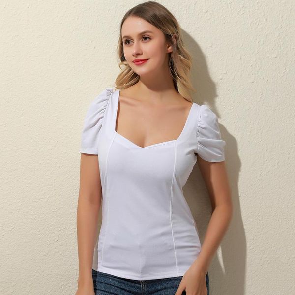 women's t-shirt summer 2021 bubble sleeve elegant street square collar shirt slim solid color wild female, White 
women's t-shirt summer 2021 bubble sleeve elegant street square collar shirt slim solid color wild female, White