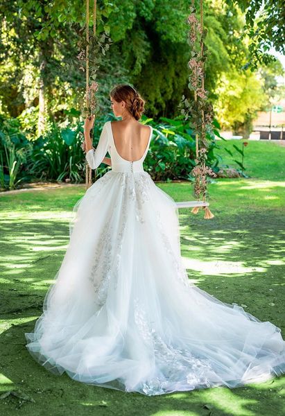 2021 country bride wedding gowns 3/4 long sleeves open back bridal dresses lace applique tulle a line vestidos, White
2021 country bride wedding gowns 3/4 long sleeves open back bridal dresses lace applique tulle a line vestidos, White