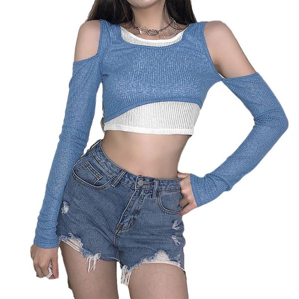 women autumn blouse patchwork color block crop round neck cold shoulder long sleeve slim knitwear streetwear women's blouses & shir, White
women autumn blouse patchwork color block crop round neck cold shoulder long sleeve slim knitwear streetwear women's blouses & shir, White
