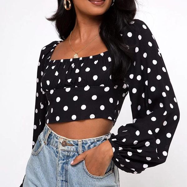women's blouses & shirts polka dot cropped lantern sleeve shirt women square neck halter long fashion casual slim woman, White
women's blouses & shirts polka dot cropped lantern sleeve shirt women square neck halter long fashion casual slim woman, White