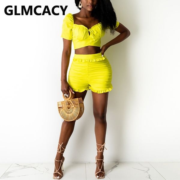 two piece summer yellow suits short sleeve crop & bodycon shorts set 210702, White