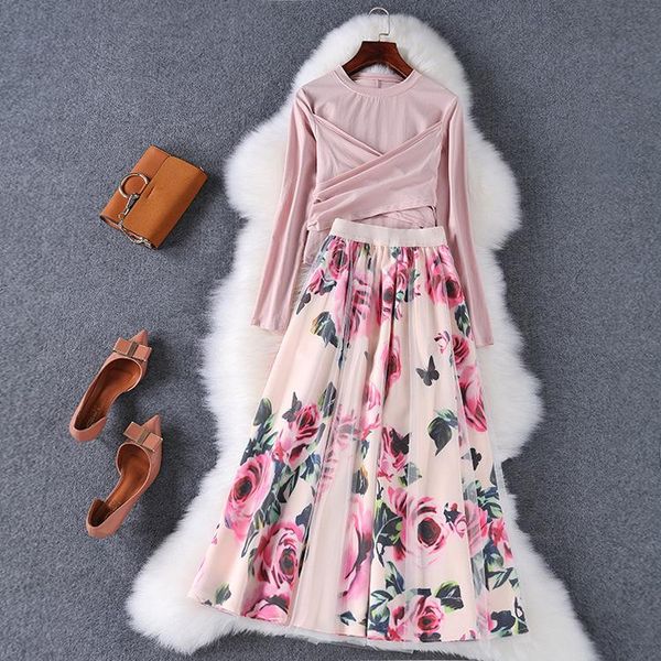 women long sleeve bow bandage slim pink t shirt +vintage print flowers mesh skirts fashion elegant autumn set women's two piece pants, White
women long sleeve bow bandage slim pink t shirt +vintage print flowers mesh skirts fashion elegant autumn set women's two piece pants, White