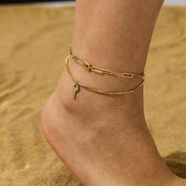 anklets gold bracelets on hand foot chain anklet double layer lock key charms bangles stainless stell waterproof jewelry gift bag, Red;blue
anklets gold bracelets on hand foot chain anklet double layer lock key charms bangles stainless stell waterproof jewelry gift bag, Red;blue