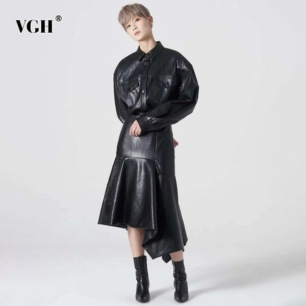 solid pu leather two piece set for women lapel long sleeve high waist patchwork ruffle midi skirt black sets female 210507, White
solid pu leather two piece set for women lapel long sleeve high waist patchwork ruffle midi skirt black sets female 210507, White