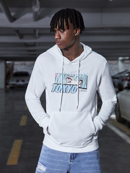 men drop shoulder figure & slogan pattern kangaroo pocket drawstring hoodie i1xu#, Black