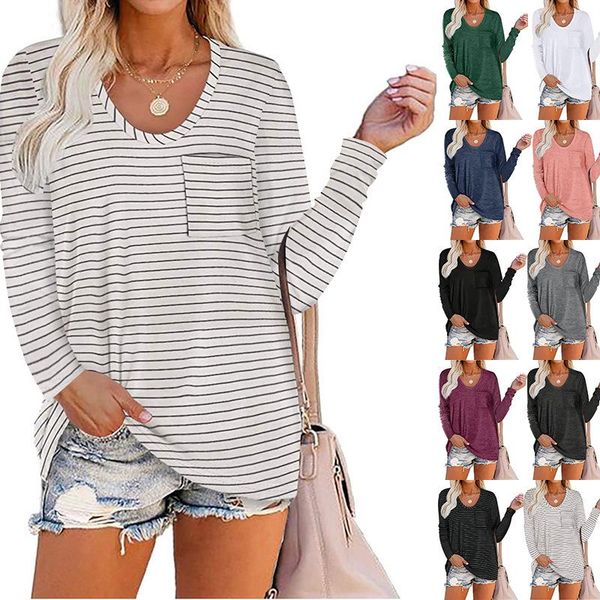 women's t-shirt autumn and winter multi colors s-xxl sizes round neck striped womens clothing with pocket long sleeve loose, White
women's t-shirt autumn and winter multi colors s-xxl sizes round neck striped womens clothing with pocket long sleeve loose, White