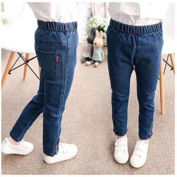 jeans spring and autumn girl pants cotton mid-waist rubber band solid color zipper casual trousers, Blue 
jeans spring and autumn girl pants cotton mid-waist rubber band solid color zipper casual trousers, Blue