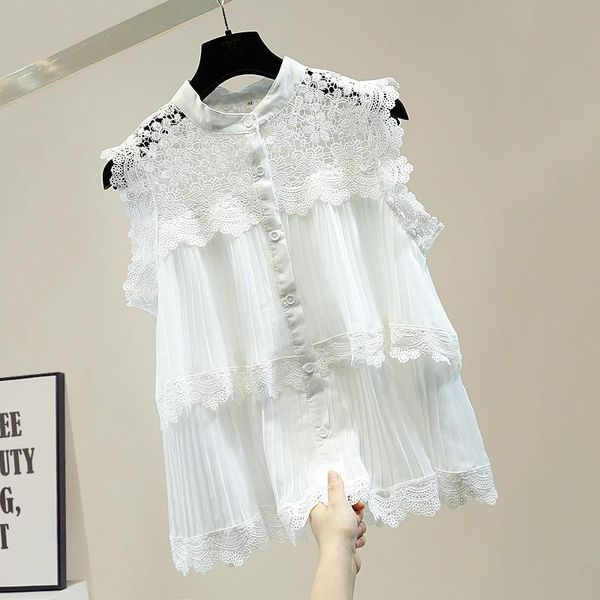 women's blouses & shirts lace blouse pleated lotus leaf chiffon stitching hollow sleeveless single-breasted fashion all-match shirt lad, White
women's blouses & shirts lace blouse pleated lotus leaf chiffon stitching hollow sleeveless single-breasted fashion all-match shirt lad, White
