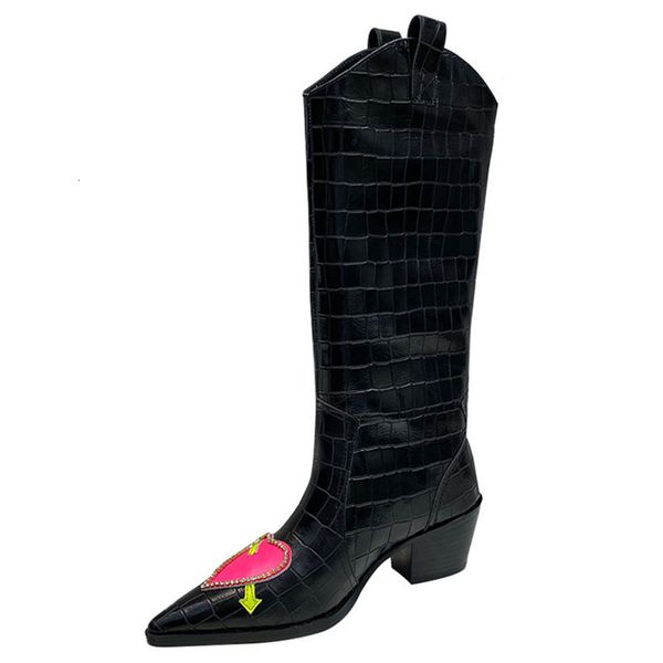 boots pointed toe chunky heel knee high women stone pattern real leather crystal love-heart long booties autumn knight jix9, Black
boots pointed toe chunky heel knee high women stone pattern real leather crystal love-heart long booties autumn knight jix9, Black