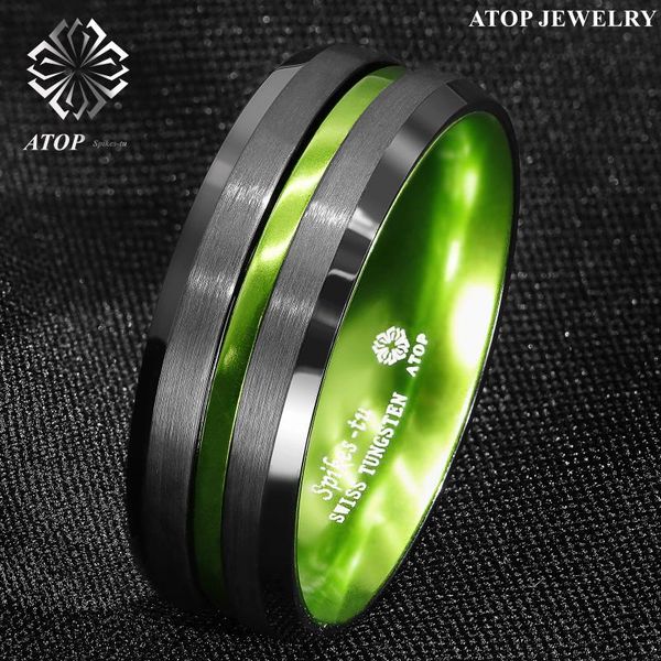 wedding rings 8/6mm black tungsten carbide green line band ring amen's jewelry, Slivery;golden