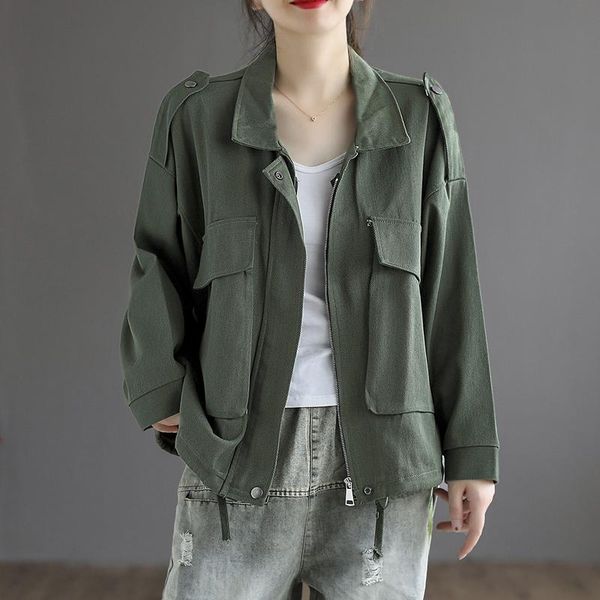 women's jackets green 2021 fashion design autumn womens vintage basic female zipper loose coats ladies solid color pockets clothes, Black;brown
women's jackets green 2021 fashion design autumn womens vintage basic female zipper loose coats ladies solid color pockets clothes, Black;brown