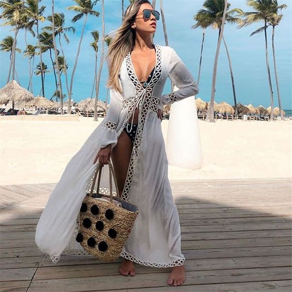 hollow out white cotton summer dress beach tunic women beachwear long sleeve front open self belted maxi dress n964 210416, White;black
hollow out white cotton summer dress beach tunic women beachwear long sleeve front open self belted maxi dress n964 210416, White;black