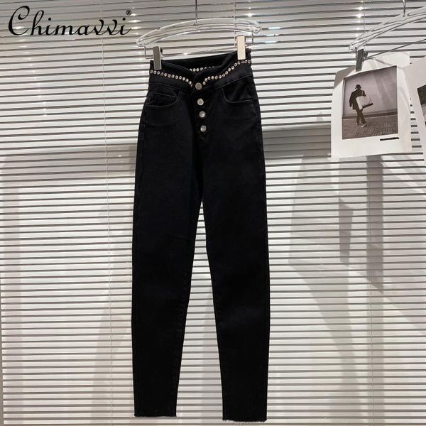 spring high street black trousers women jeans rivet beaded waist elastic slim fit all-match pencil pants with velvet women's, Blue
spring high street black trousers women jeans rivet beaded waist elastic slim fit all-match pencil pants with velvet women's, Blue