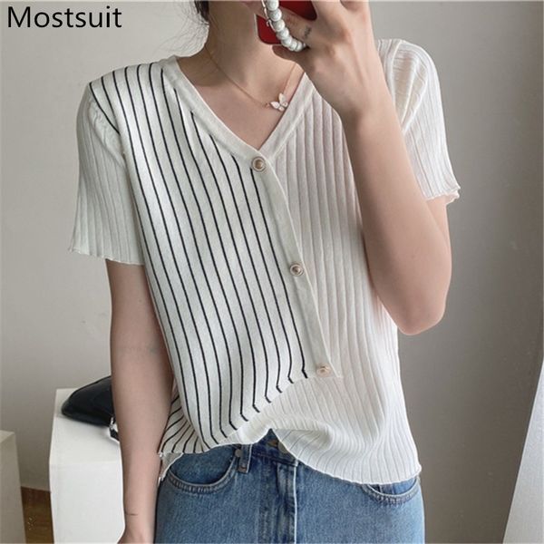 plus size summer striped knitted pullover women short sleeve v-neck single breasted sweater vintage korean fashion jumpers 210514, White;black
plus size summer striped knitted pullover women short sleeve v-neck single breasted sweater vintage korean fashion jumpers 210514, White;black