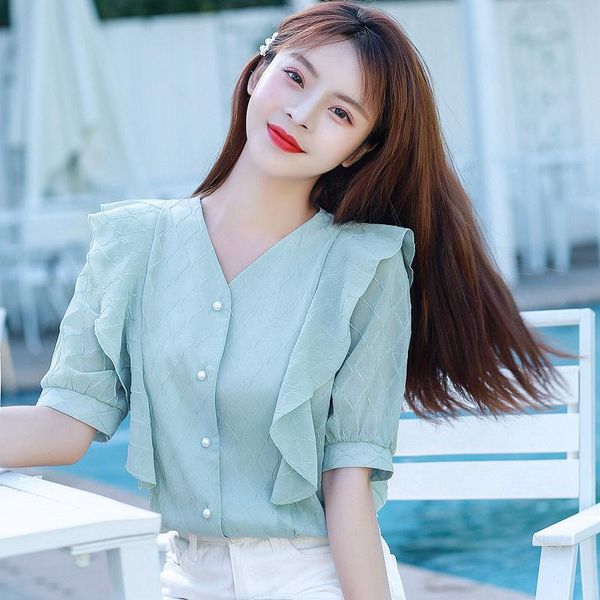 women's blouses & shirts 2021 summer women casual slim half sleeve v-neck ruffles chiffon fashion elegant office lady clothing, White 
women's blouses & shirts 2021 summer women casual slim half sleeve v-neck ruffles chiffon fashion elegant office lady clothing, White