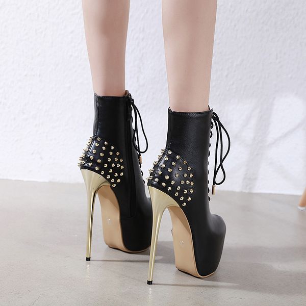 with box platform lace up rivets designer women high heel ankle bootie knight boots size 35 to 40, Black
with box platform lace up rivets designer women high heel ankle bootie knight boots size 35 to 40, Black
