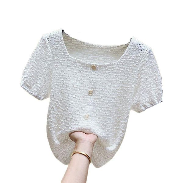 women's t-shirt hook flower hollow short-sleeved chiffon shirt summer 2021 puff sleeve pleated short elastic, White 
women's t-shirt hook flower hollow short-sleeved chiffon shirt summer 2021 puff sleeve pleated short elastic, White