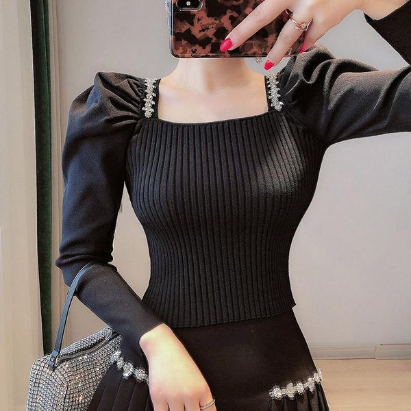 women's sweaters black bodycon cropped sweater 2021 ladies fashion women square collar crystal beaded puff sleeve slim short, White;black
women's sweaters black bodycon cropped sweater 2021 ladies fashion women square collar crystal beaded puff sleeve slim short, White;black