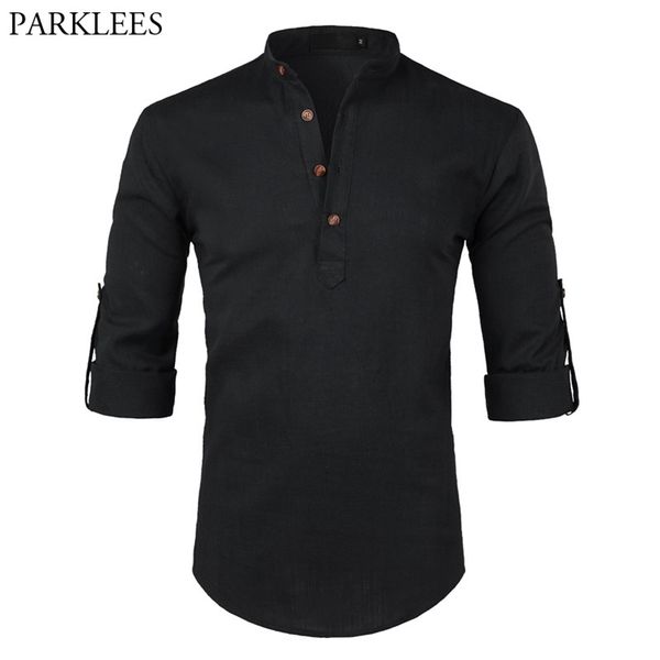 black cotton linen shirt men autumn rolled up sleeve mens casual dress shirts slim fit henley shirt male chemise homme 210628, White;black
black cotton linen shirt men autumn rolled up sleeve mens casual dress shirts slim fit henley shirt male chemise homme 210628, White;black