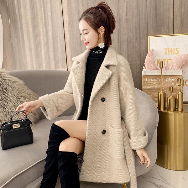 women's wool & blends gold mink woolen coat female 2021 autumn winter korean style turndown collar with belt outerwear, Black
women's wool & blends gold mink woolen coat female 2021 autumn winter korean style turndown collar with belt outerwear, Black