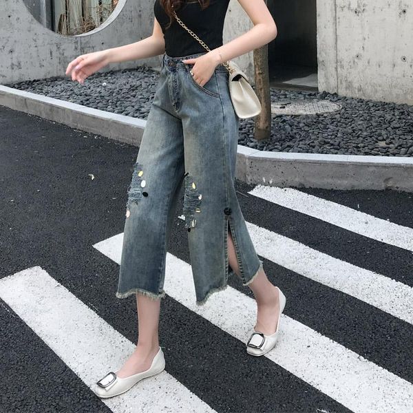 washed women's jeans pants sequin wide leg vintage high waist side slit denim straight women loose trousers, Blue
washed women's jeans pants sequin wide leg vintage high waist side slit denim straight women loose trousers, Blue