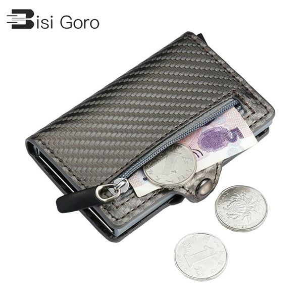 card holders bisi goro 2021 anti-theft holder carbon fiber slim wallet rfid men business button male coin purse id, Brown;gray
