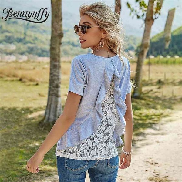 o-neck ruffle trim lace back gray t shirts women summer arrival casual fashion short sleeve t-shirt 210510, White
o-neck ruffle trim lace back gray t shirts women summer arrival casual fashion short sleeve t-shirt 210510, White