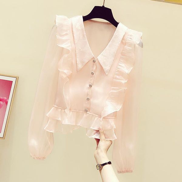 women's blouses & shirts 2021 spring elegant shirt women blouse lapel sequined ruffled long sleeve drill buckle pink chiffon top, White
women's blouses & shirts 2021 spring elegant shirt women blouse lapel sequined ruffled long sleeve drill buckle pink chiffon top, White