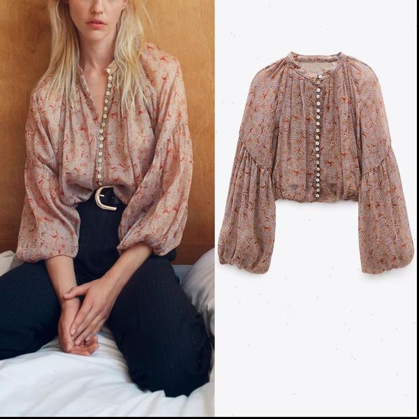 za chiffon cropped print vintage women blouses o neck puff long sleeve elastic hem female loose elegant shirt, White
za chiffon cropped print vintage women blouses o neck puff long sleeve elastic hem female loose elegant shirt, White