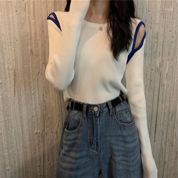 women's t-shirt 2021 autumn clothes design sense of minority off shoulder long sleeve knitwear round neck bottomed shirt top, White
women's t-shirt 2021 autumn clothes design sense of minority off shoulder long sleeve knitwear round neck bottomed shirt top, White
