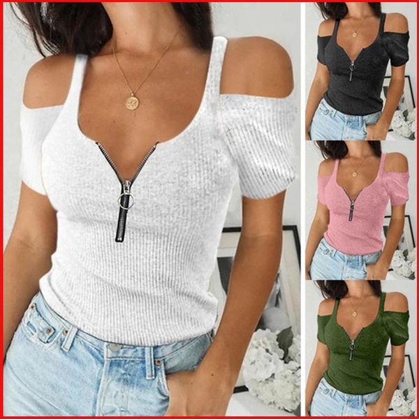 women's t-shirt elegant summer fashion solid casual women clothing plus size short sleeve zipper tees halter off shoulder slim t s, White
women's t-shirt elegant summer fashion solid casual women clothing plus size short sleeve zipper tees halter off shoulder slim t s, White