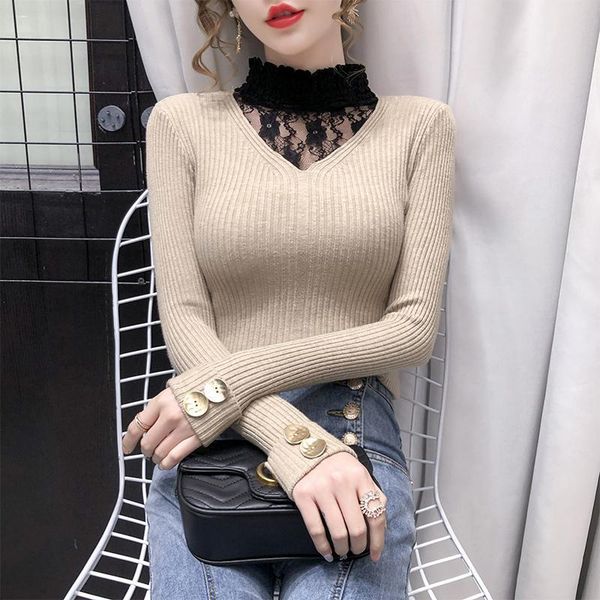 women's sweaters real s pullover autumn winter air mesh red lace collar long sleeve knitted with bottom layer 0869, White;black 
women's sweaters real s pullover autumn winter air mesh red lace collar long sleeve knitted with bottom layer 0869, White;black