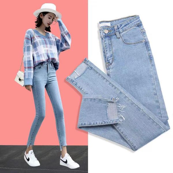 75% cotton jeans women spring style skinny high waist women's tight stretch feet nine points pencil pants, Blue
75% cotton jeans women spring style skinny high waist women's tight stretch feet nine points pencil pants, Blue