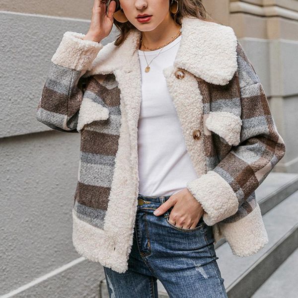 women's jackets plaid patchwork lady faux-fur warm cashmere outwear thickening coat lapel plush button jacket overcoat, Black;brown
women's jackets plaid patchwork lady faux-fur warm cashmere outwear thickening coat lapel plush button jacket overcoat, Black;brown