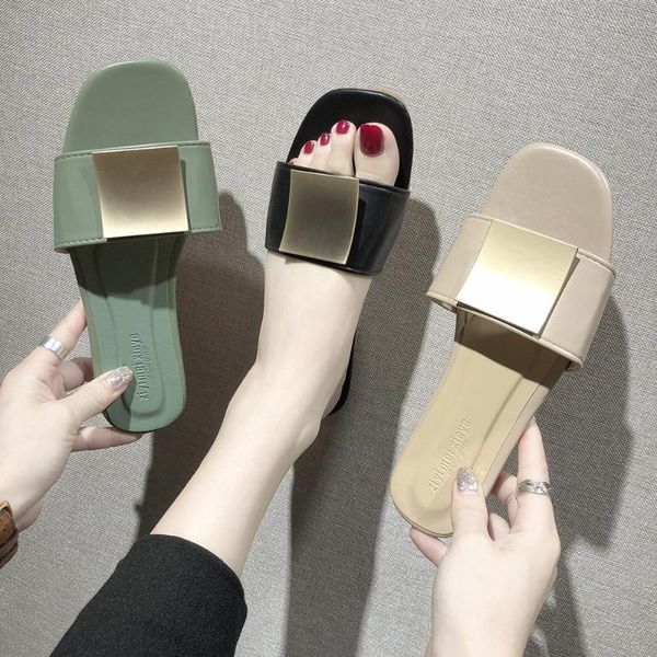 women sandals summer fashion metal decoration slide flat comfortable soft square toe outdoor, Black
women sandals summer fashion metal decoration slide flat comfortable soft square toe outdoor, Black