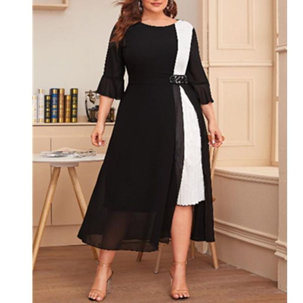 white and black contrast color elegant dress women summer three quarter sleeve casual plus size maxi long dresses 2021, Black;gray
white and black contrast color elegant dress women summer three quarter sleeve casual plus size maxi long dresses 2021, Black;gray