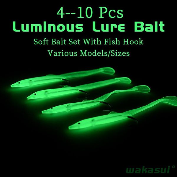 

10pcs sea bass luminous fishing lures rubber worm small eel crank bait with hook outdoorfishing accessories hooks