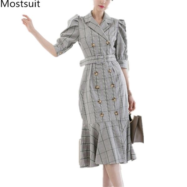 summer korean plaid double-breasted long mermaid dress women short sleeve notched collar sashes ol style vintage vestidos 210513, Black;gray
summer korean plaid double-breasted long mermaid dress women short sleeve notched collar sashes ol style vintage vestidos 210513, Black;gray