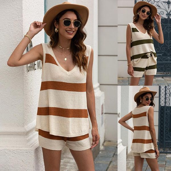women's t-shirt summer beach suit 2021 fashion casual striped knitted vest drawstring shorts two-piece, White
women's t-shirt summer beach suit 2021 fashion casual striped knitted vest drawstring shorts two-piece, White