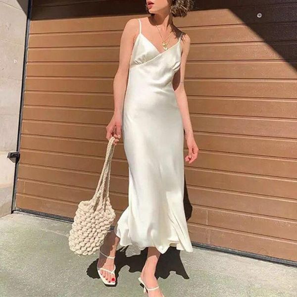 women summer spaghetti strap imitation silk long sling dress v-neck backless solid color high waist nightgown cocktail casual dresses, Black;gray
women summer spaghetti strap imitation silk long sling dress v-neck backless solid color high waist nightgown cocktail casual dresses, Black;gray