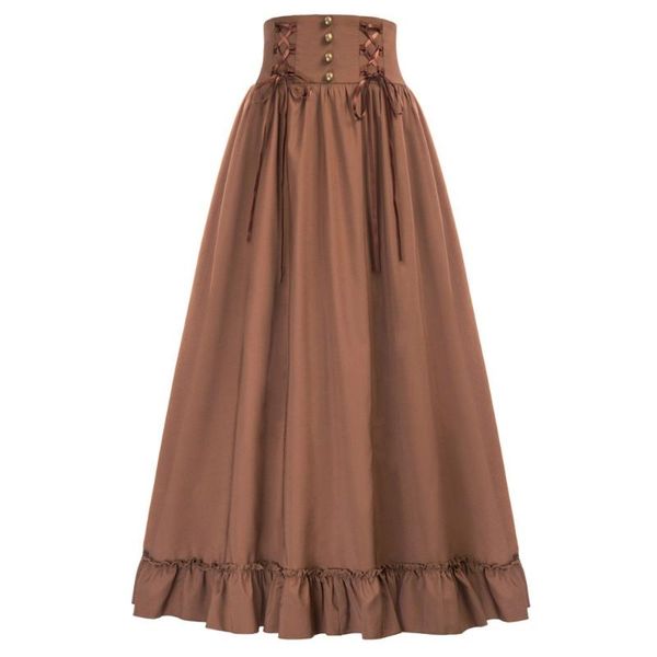 women renaissance skirt smocked back ruffled hem flared a-line decoration buttons and ribbons in the front skirts, Black
women renaissance skirt smocked back ruffled hem flared a-line decoration buttons and ribbons in the front skirts, Black