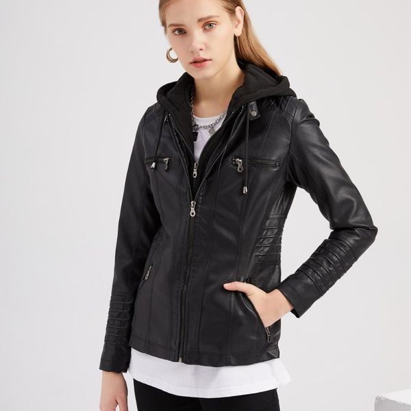 women's leather & faux fashion hooded pu jackets detachable spring autumn washed coats female long sleeve casual outerwear t6699, Black
women's leather & faux fashion hooded pu jackets detachable spring autumn washed coats female long sleeve casual outerwear t6699, Black