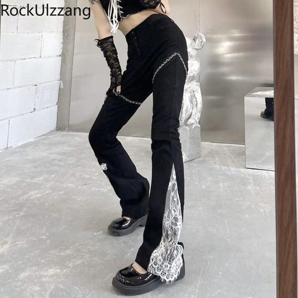 women's pants & capris high waist patchwork cross lace contrast black elegant cute gothic flare pant bell bottom ladies lolita trouser, Black;white 
women's pants & capris high waist patchwork cross lace contrast black elegant cute gothic flare pant bell bottom ladies lolita trouser, Black;white