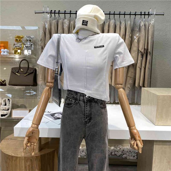 original niche design 2021 seam stitches glue cloth letters small irregular short sleeves harvest shirt, White
original niche design 2021 seam stitches glue cloth letters small irregular short sleeves harvest shirt, White