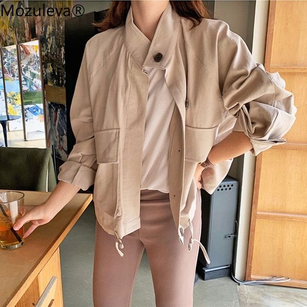 spring summer women's jacket casual pockets fashionable cargo outerwear cotton short tooling 210427, Black;brown