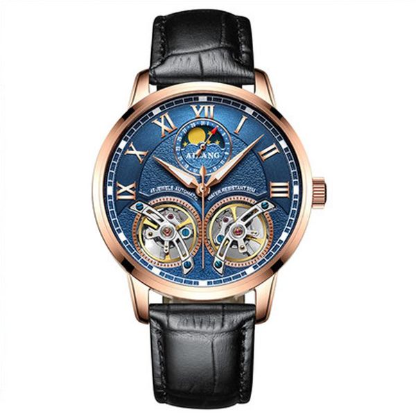 wristwatches double tourbillon switzerland original men automatic mechanical watch auto-wind fashion men's black leather band, Slivery;brown