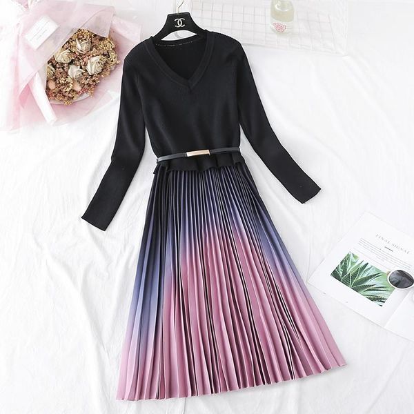 casual dresses autumn winter elegant knitted patchwork gradient pink pleated dress women long sleeve office one-piece sweater with belt, Black;gray
casual dresses autumn winter elegant knitted patchwork gradient pink pleated dress women long sleeve office one-piece sweater with belt, Black;gray