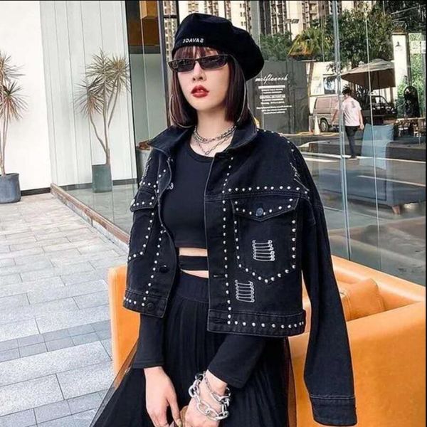 women's jackets fashion black denim jacket 2021 autumn streetwear short pin rivet personalized cropped jeans coat, Black;brown
women's jackets fashion black denim jacket 2021 autumn streetwear short pin rivet personalized cropped jeans coat, Black;brown