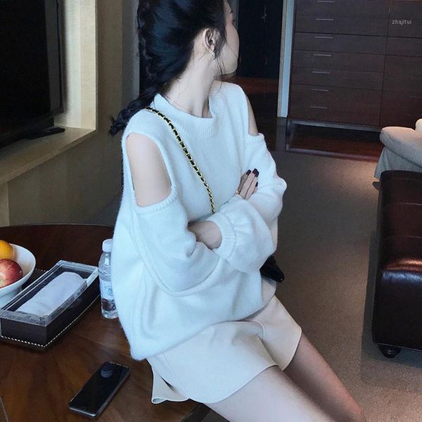 knitted sweater lazy wind women's midi loose wear autumn and winter pullover all-match sweaters, White;black 
knitted sweater lazy wind women's midi loose wear autumn and winter pullover all-match sweaters, White;black