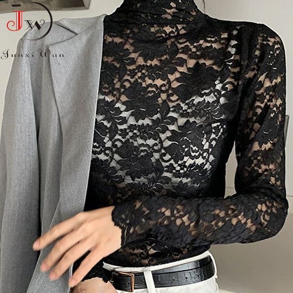 women lace blouses shirt turtleneck long sleeve mesh hollow out fashion solid black white spring autumn pullovers 210510
women lace blouses shirt turtleneck long sleeve mesh hollow out fashion solid black white spring autumn pullovers 210510